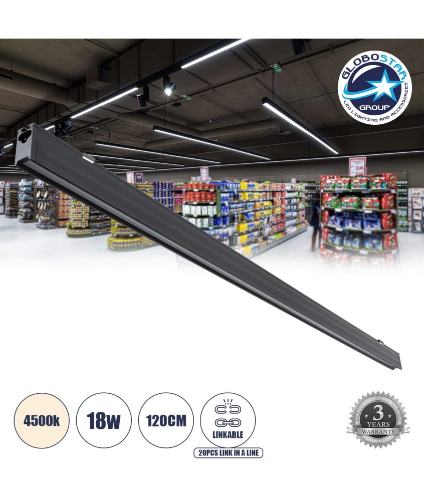 GLOBOSTAR® MARKET 61021 Μοντέρνο Γραμμικό Επεκτεινόμενο Φωτιστικό Οροφής LED 18W 2200lm 60° AC 220-240V IP20 Φυσικό Λευκό 4500K - Lumileds SMD Chip - Μαύρο Ματ - Μ120 x Π2 x Υ4cm - 3 Χρόνια Εγγύηση